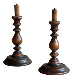 Antique Fruitwood Candlesticks, 1800, Set of 2