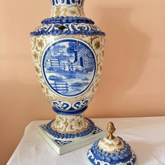 Blue 1980s Beautiful huge Maitland Smith blue and white scenic urn with lid and brass acorn finial // sepia flowers // hand-painted // Made in Thailand For Sale - Image 8 of 10