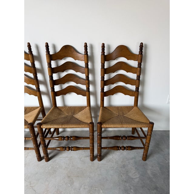 Vintage French Country Style Tall Ladder Back Rush Seat Dining Chairs – Set of 4 For Sale - Image 4 of 18