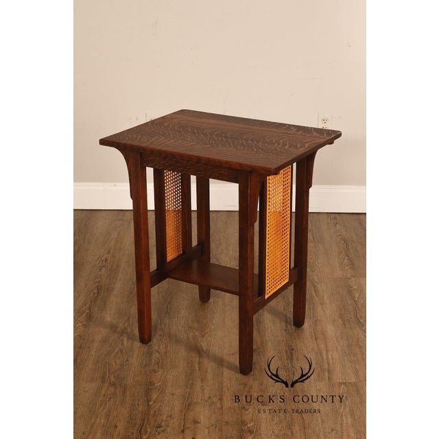 Antique Stickley Brothers Arts & Crafts Oak Side Table With Cane Panels For Sale - Image 12 of 18
