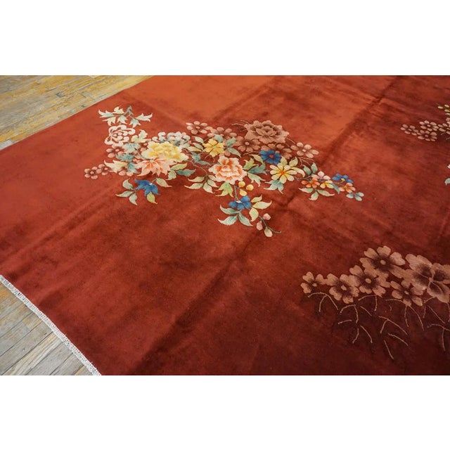 Textile 1930s Red Modernist Flowers Antique Chinese Art Deco Carpet 8'10'' X 11'4'' Knotted Wool Rug For Sale - Image 7 of 12