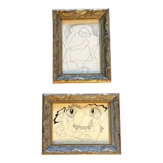 Gallery Wall Collection-2 Vintage Original Wayne Cunningham Abstract Ink Drawings Framed-Set of 2 For Sale