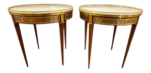 Pair of Marble Top Greek Key Bouillotte or End Tables, Manner of Jansen