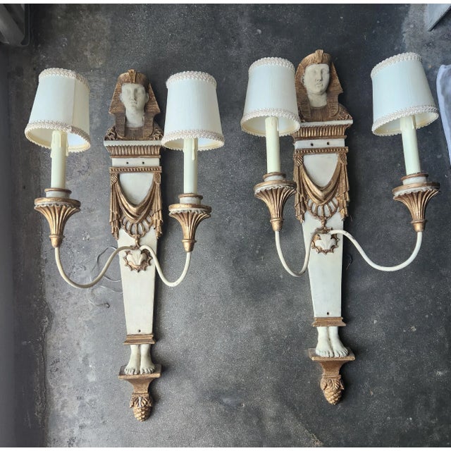Italian Egyptian Revival Carved Wood Pharoah 2 Arm Sconces sold as found showing normal signs of wear commensurate with...