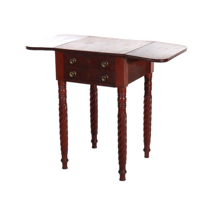 Antique Sheraton Mahogany 2 Drawer Drop Leaf Stand With Twist Carved Legs C1830 Measures - 27" x 17 1/4" x 16 5/8" An...