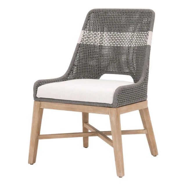 Tapestry Grey Mahogany Dining Chair, White Speckle Stripe & Dove Rope For Sale