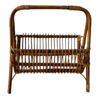 1950s Gio Ponti Style Handcrafted Italian Rattan Magazine Rack Boho, Scandinavian Mid-Century Modern For Sale