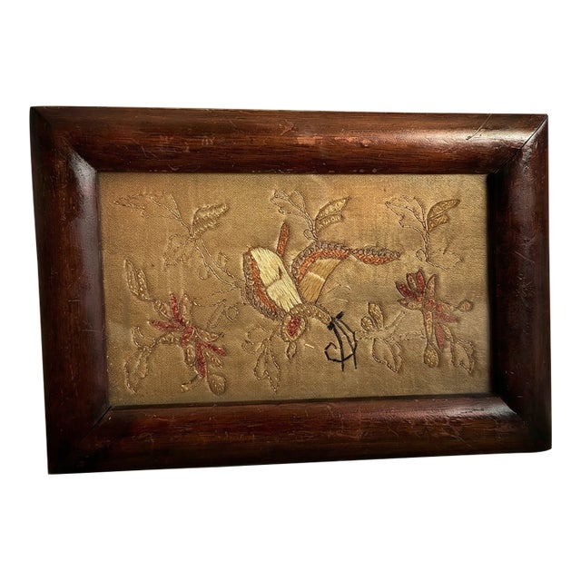 Victorian Silk Embroidery Panel in Walnut Frame For Sale