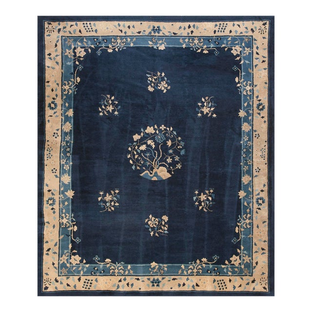 Antique 1900s Navy Chinese Peking Carpet 8'4" X 9'10" Floral Design Handmade Rug For Sale
