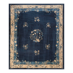 Antique 1900s Navy Chinese Peking Carpet 8'4" X 9'10" Floral Design Handmade Rug