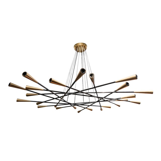 Shanghai Chandelier with 24 Arms in Black Painted Metal with Brass Cones from Stilnovo, 1950s For Sale - Image 3 of 4