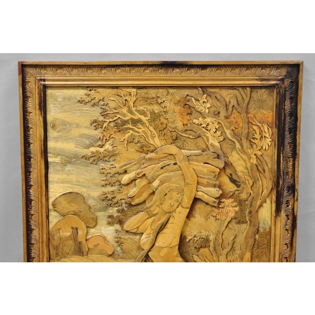 Vintage Large 60" Anglo Indian High Relief Carved Wood Thai Woman Art Plaque For Sale In Philadelphia - Image 6 of 17