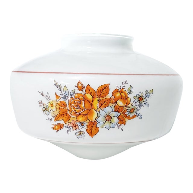 Vintage 1960s-1970s Milk Glass Floral Ceiling Light Shade Rust Orange & Blue - 4 Inch Fitter For Sale
