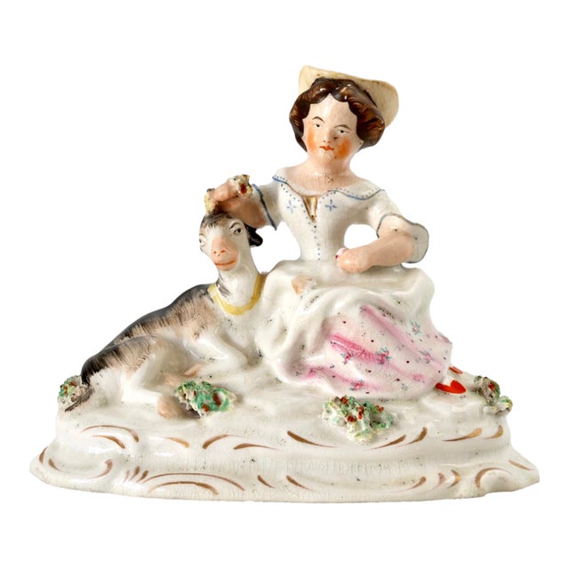 Antique Staffordshire Girl W/Goat, Circa 1850 For Sale
