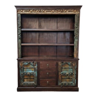 Antique Door and Carvings Repurposed Large 70" Wide Bookcase Cabinet For Sale