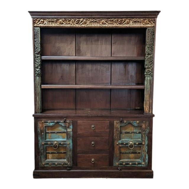 Antique Door and Carvings Repurposed Large 70" Wide Bookcase Cabinet For Sale