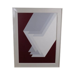 Giordano Op Art Geometric Painting White Z Form Planes on Dark Red Background For Sale
