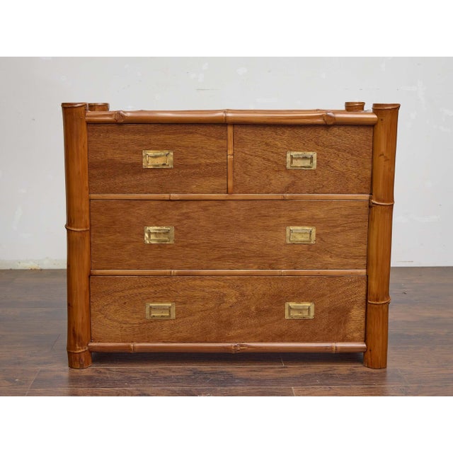 Midcentury Bamboo and Mahogany Chest of Drawers With Campaign-Style Brass Pulls For Sale - Image 4 of 12