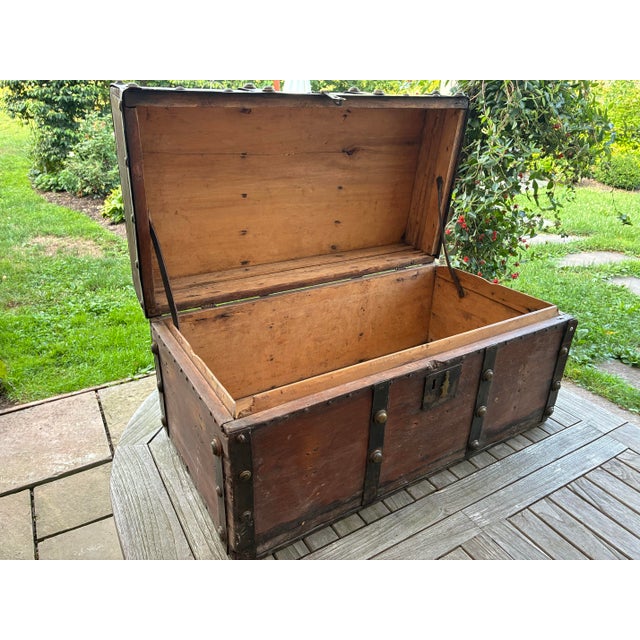 Antique Wood and Iron-Bound Travel Trunk - Rustic Storage For Sale In Philadelphia - Image 6 of 11