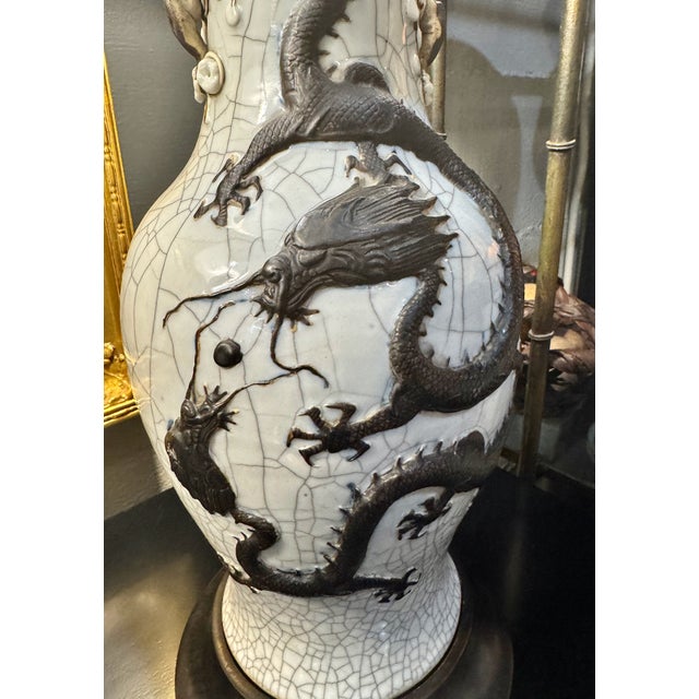 Ceramic Pair Chinese Porcelain Dragon Vases Fitted as Lamps For Sale - Image 7 of 14