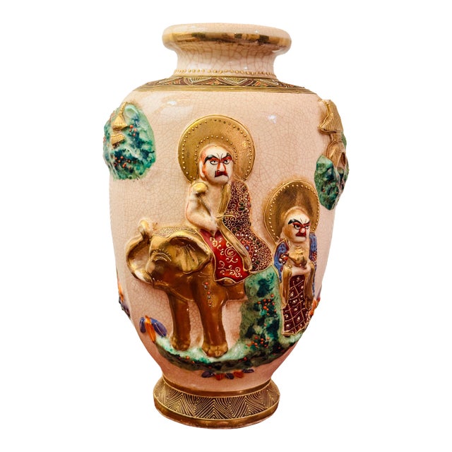 Antique Asian Figural Crackle Glaze Vase With Elephant Motif, Early 1900's For Sale