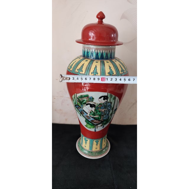 Chinese Ceramic Pot Qing Dynasty Kangxi Marked Red Ground Famille Verte Porcelain Ginger Jar Hand Painted Figures Story Pattern For Sale - Image 9 of 10