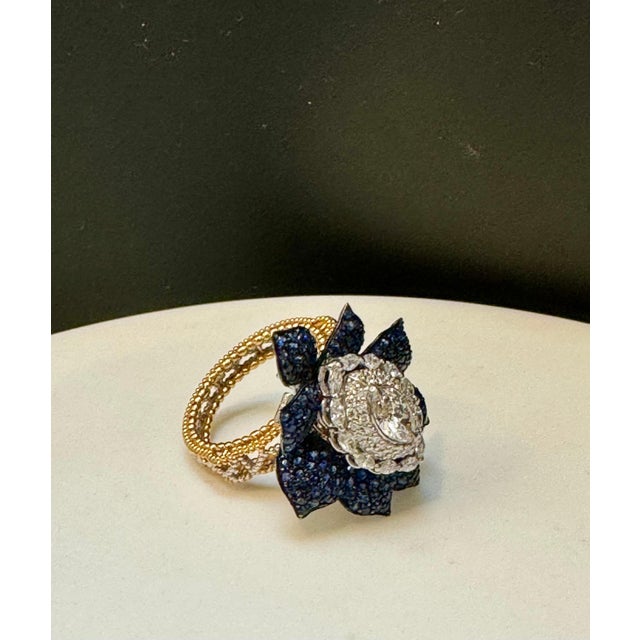 3 Ct Blue Sapphire & 1.5 Ct Diamond Flower Ring in 18 Kt Two Tone Gold Size7 For Sale - Image 17 of 18