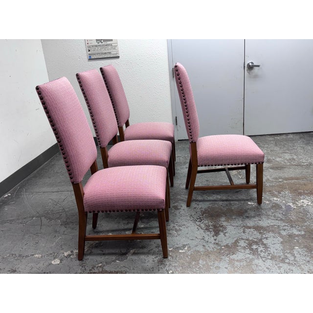 Loggia Showroom Custom Design Reddish Diamond Patterned + Nailhead Dining Chairs, Set of Four For Sale - Image 4 of 18