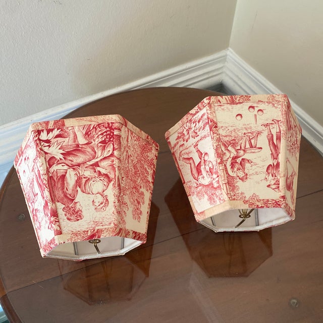 Late 20th Century French Toile Sconces Lamp Shades ~ a Pair For Sale - Image 10 of 12