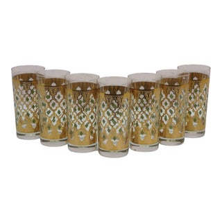 1960s Mid Century Modern Culver Valencia 22k Gold Green Lattice Highball Glasses - 7 pcs For Sale
