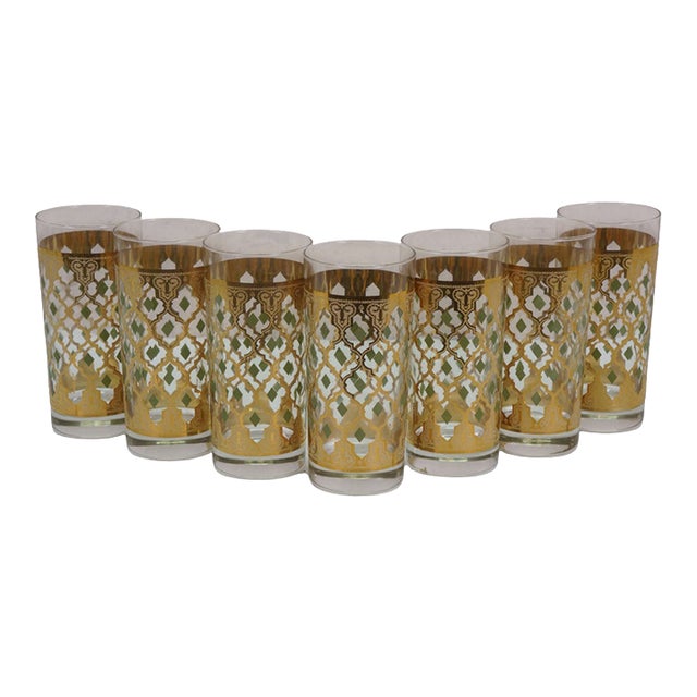 1960s Mid Century Modern Culver Valencia 22k Gold Green Lattice Highball Glasses - 7 pcs For Sale