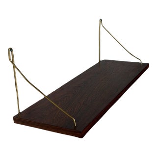 Vintage Danish Rosewood Floating Wall Shelf With Brass-Tone Brackets – Mid-Century Modern Scandinavian Shelving For Sale
