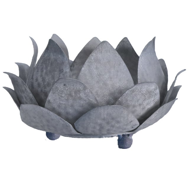 Contemporary Vintage Galvanized Metal Lotus Blossom Cachepots / Bowls - A Pair For Sale - Image 3 of 7