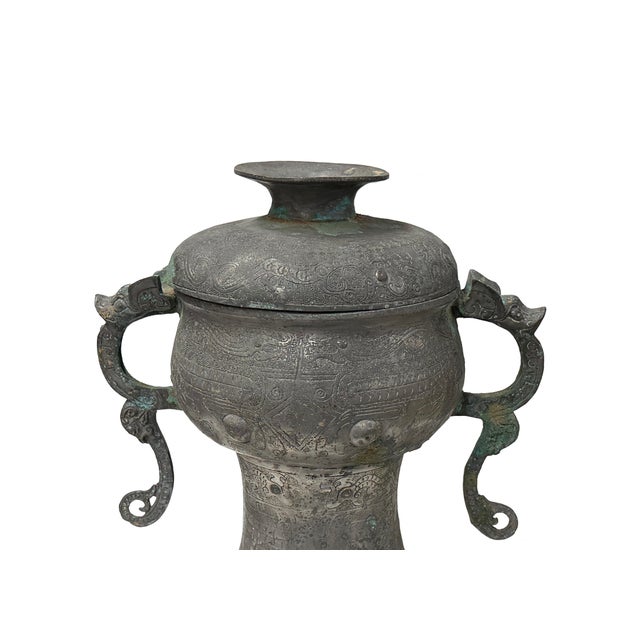 Vintage Look Gray Green Ancient Ding Shape Vessel Holder Display Art For Sale - Image 17 of 18