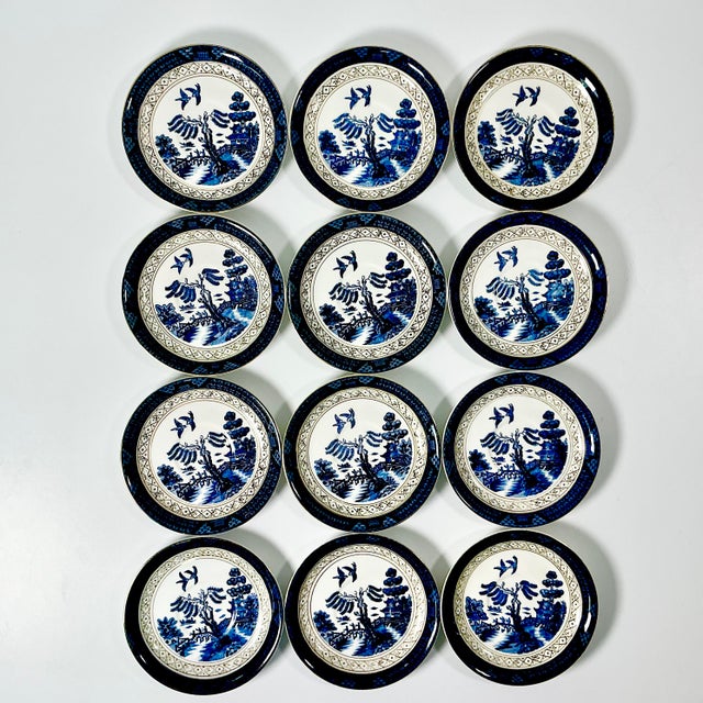 1940s 1940s Vintage Japanese Chinoiserie Hollywood Regency Blue Willow Small Plates - Set of 12 For Sale - Image 5 of 13