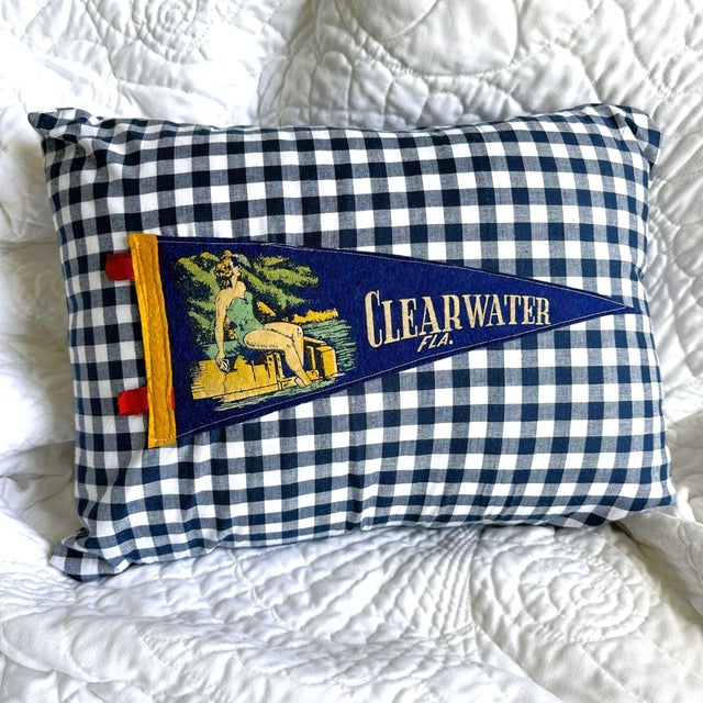 American Florida Clearwater Vintage Blue Pennant on New Woven Plaid Throw Pillow For Sale - Image 3 of 4