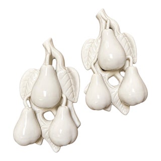 Vintage French Pair of White Ceramic Embossed Pears Wall Plaques For Sale