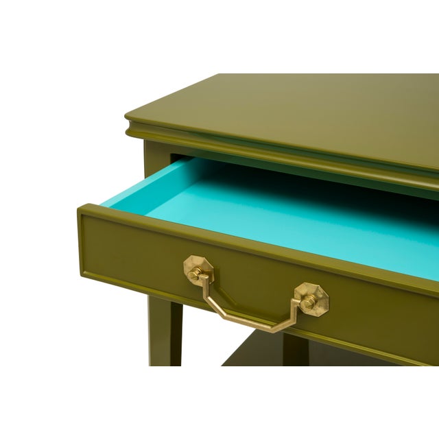 Small Bedside Table in Olive Green With Tiffany Blue Drawer Interior