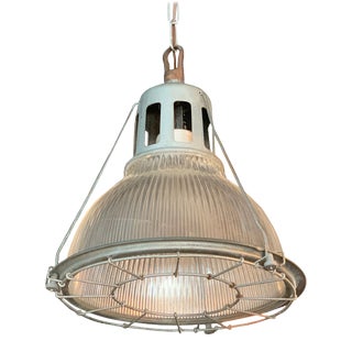 Mid 20th Century Industrial Holophane Caged Factory Pendant Light For Sale