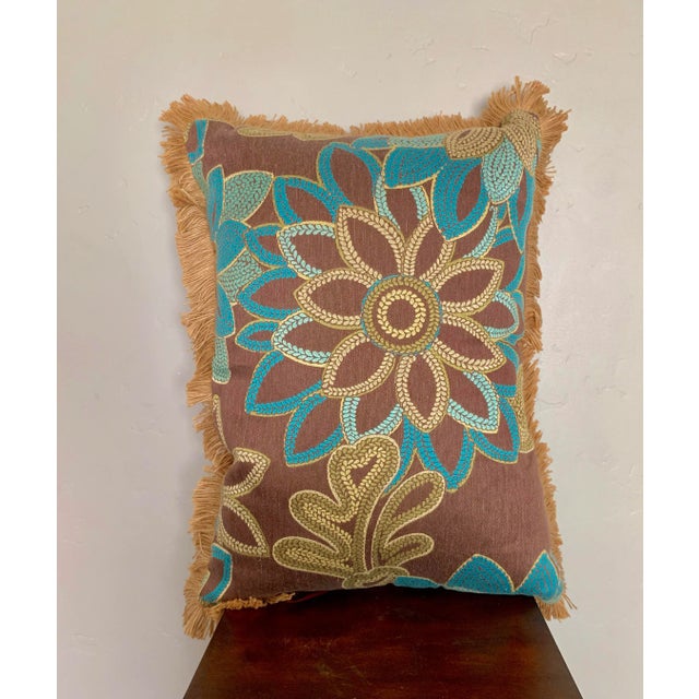 Beautiful large rectangular pillow with 2” jute fringe all around Hues of brown and turquoise flowers - works with both...