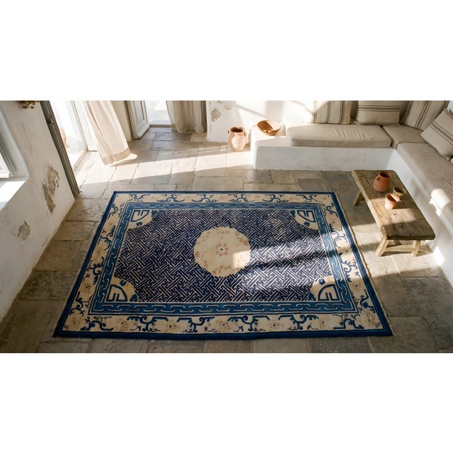 Navy Blue 1900s Blue Navy Geometric Medallion Antique Chinese Peking Rug 4'4" X 5'6" Handknotted Wool Carpet For Sale - Image 8 of 8