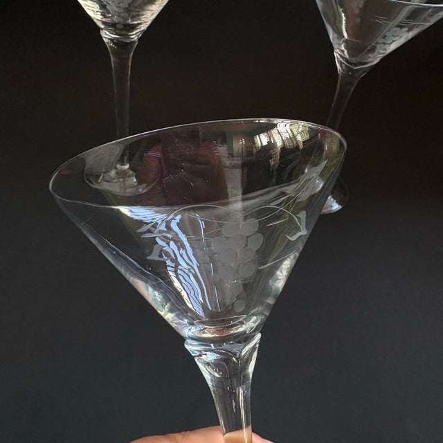 1980s Vintage Handmade Etched Grapevine Martini Glasses With Tulip Stems – Set of 3 For Sale - Image 5 of 8