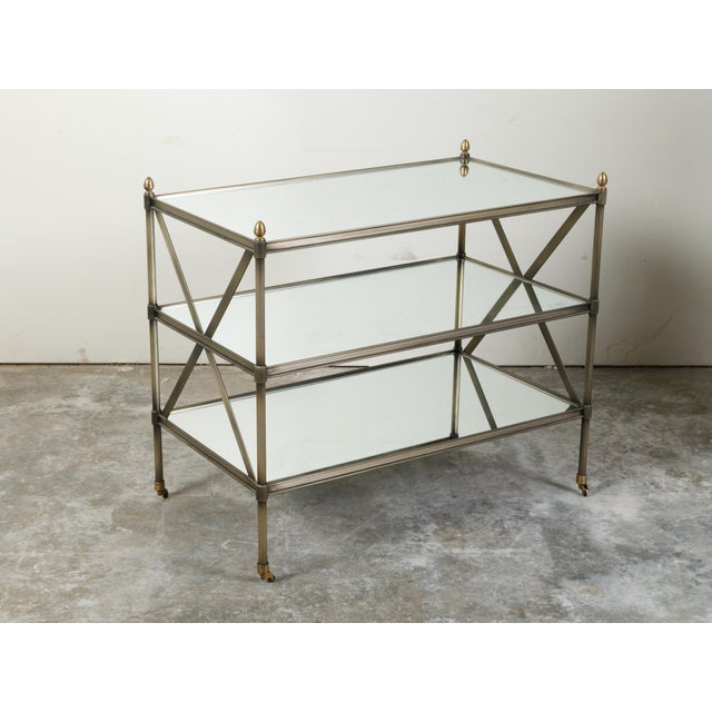 Italian Midcentury Patinated Metal Trolley with Mirrored Shelves and Casters For Sale - Image 4 of 10