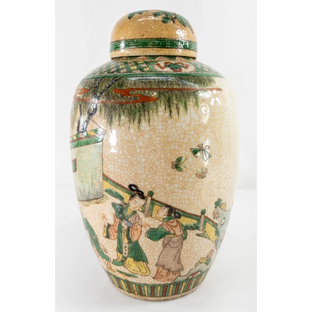 Early 20th Century Chinese Famille Verte Beige Crackled Vase or Urn for a Lamp For Sale - Image 5 of 13