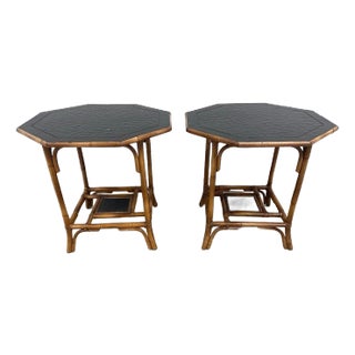Mid to Late Twentieth Century Bamboo Rattan Black Top End Tables, a Pair For Sale