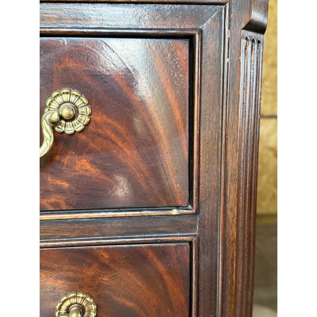 Beautiful flame mahogany serpentine dresser. 74” x 22” x 35” Has some age spots as pictured. Made by Drexel Heritage...