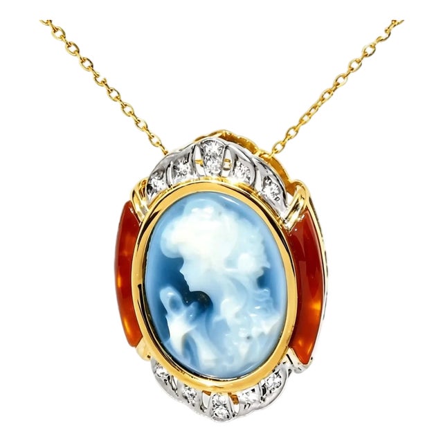 1970s 18K Yellow Gold Blue Agate Carnelian Diamond Cameo Pendant For Sale
