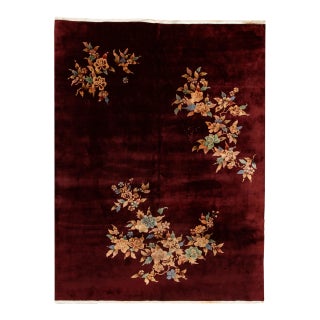 Antique Art Deco Chinese Red Wool Rug For Sale