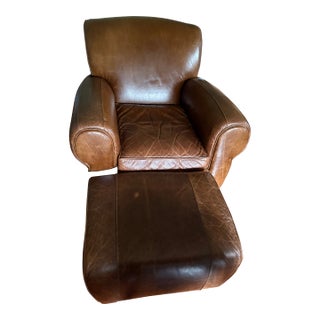 Mitchell Gold 1930s Style Leather Manhattan Club Chair and Ottoman For Sale