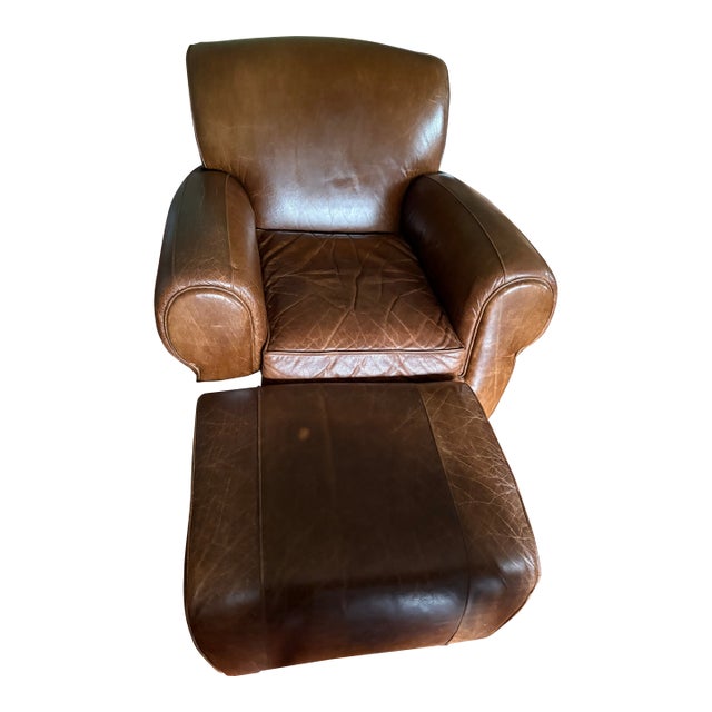 Mitchell Gold 1930s Style Leather Manhattan Club Chair and Ottoman For Sale